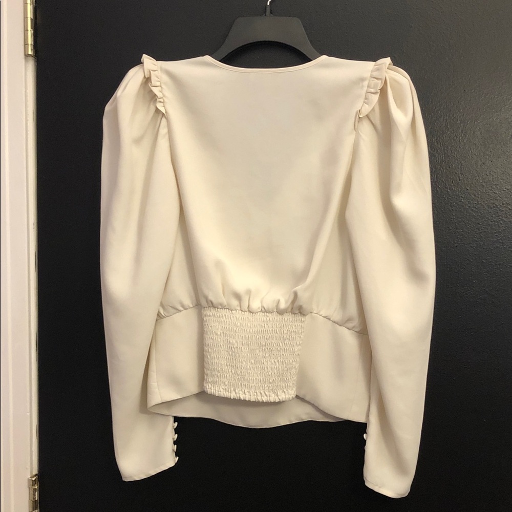 EXPRESS Cream V-Neck Puff Shoulder Blouse - Picture 2 of 4
